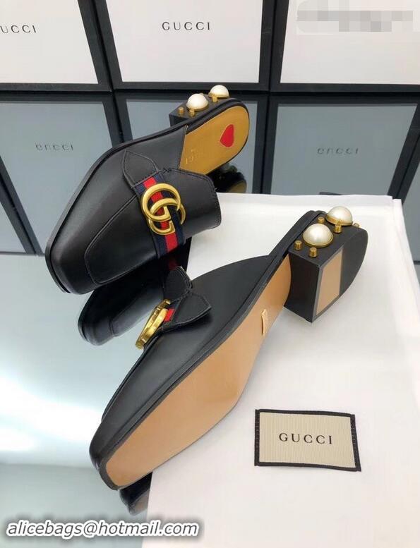 Specials Gucci Calfskin Leather 3.5cm heel Web Details Pearls Trim Slipper GG639 Black