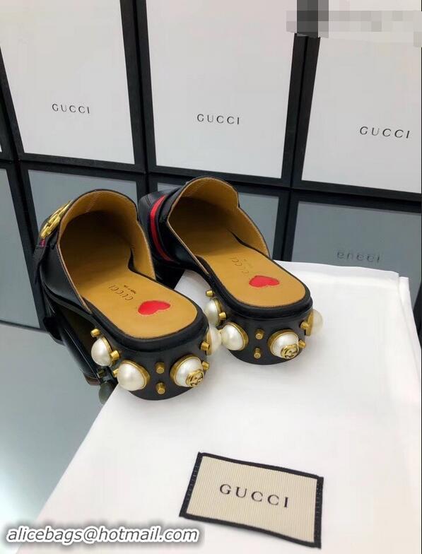 Specials Gucci Calfskin Leather 3.5cm heel Web Details Pearls Trim Slipper GG639 Black