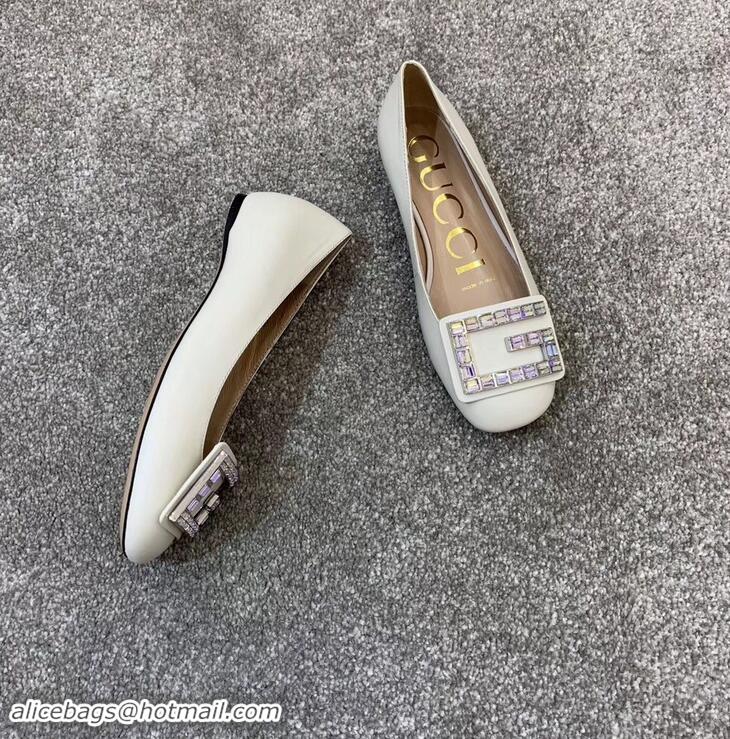 Elegant Gucci Leather Ballet Flats White With Crystal G 551434 2019