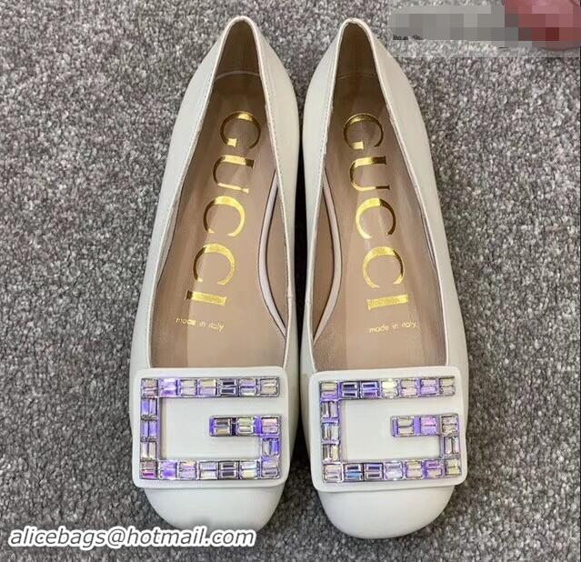 Elegant Gucci Leather Ballet Flats White With Crystal G 551434 2019