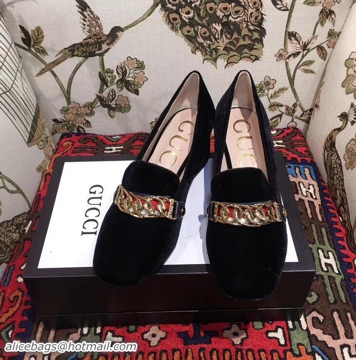 Cheapest Gucci Sylvie Chain Velvet Mid-Heel Pumps GG11501 Black