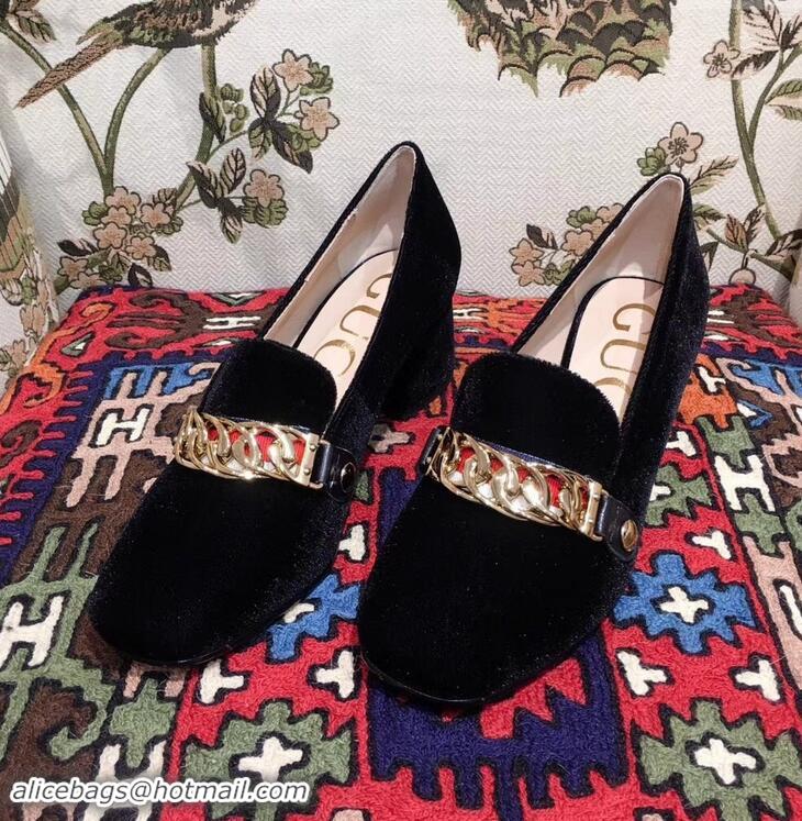 Cheapest Gucci Sylvie Chain Velvet Mid-Heel Pumps GG11501 Black