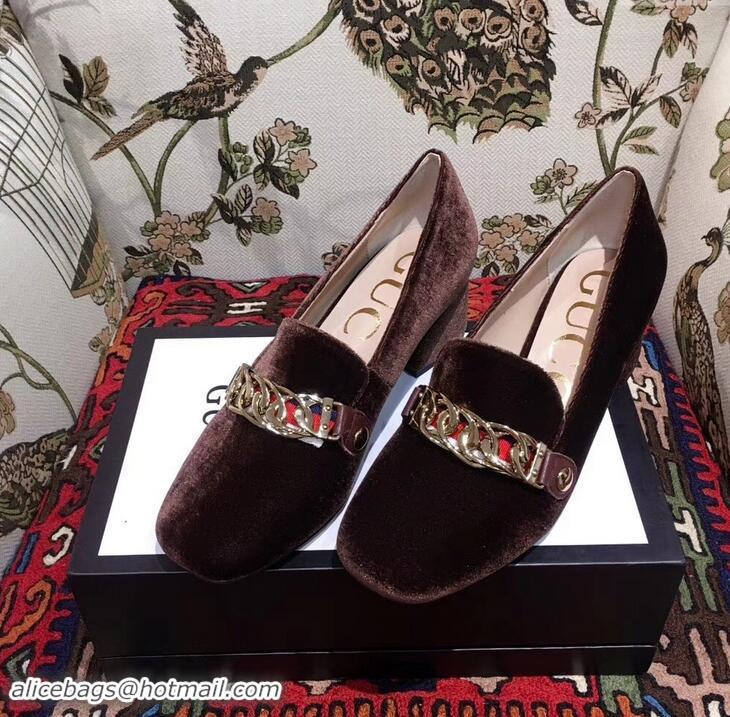 Discount Gucci Sylvie Chain Velvet Mid-Heel Pumps 11501 Coffee