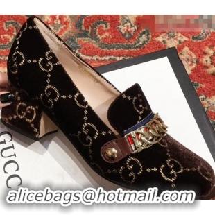 Best Price Gucci Sylvie Chain GG Velvet Mid-Heel Pumps 525082 Coffee