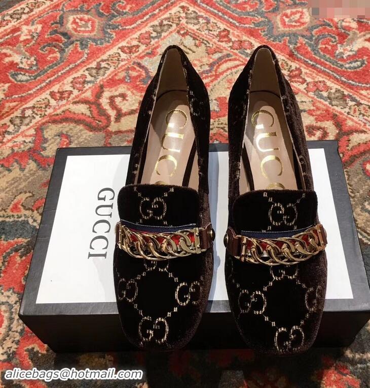 Best Price Gucci Sylvie Chain GG Velvet Mid-Heel Pumps 525082 Coffee