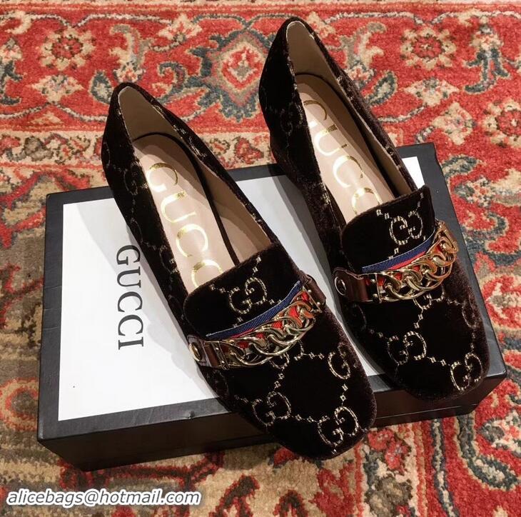 Best Price Gucci Sylvie Chain GG Velvet Mid-Heel Pumps 525082 Coffee