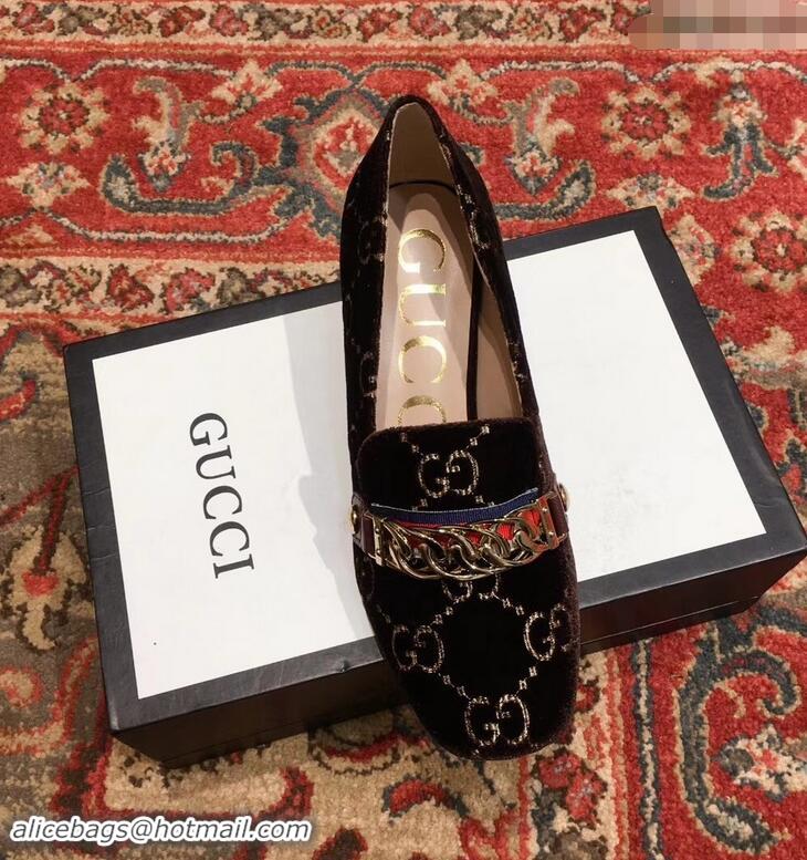 Best Price Gucci Sylvie Chain GG Velvet Mid-Heel Pumps 525082 Coffee