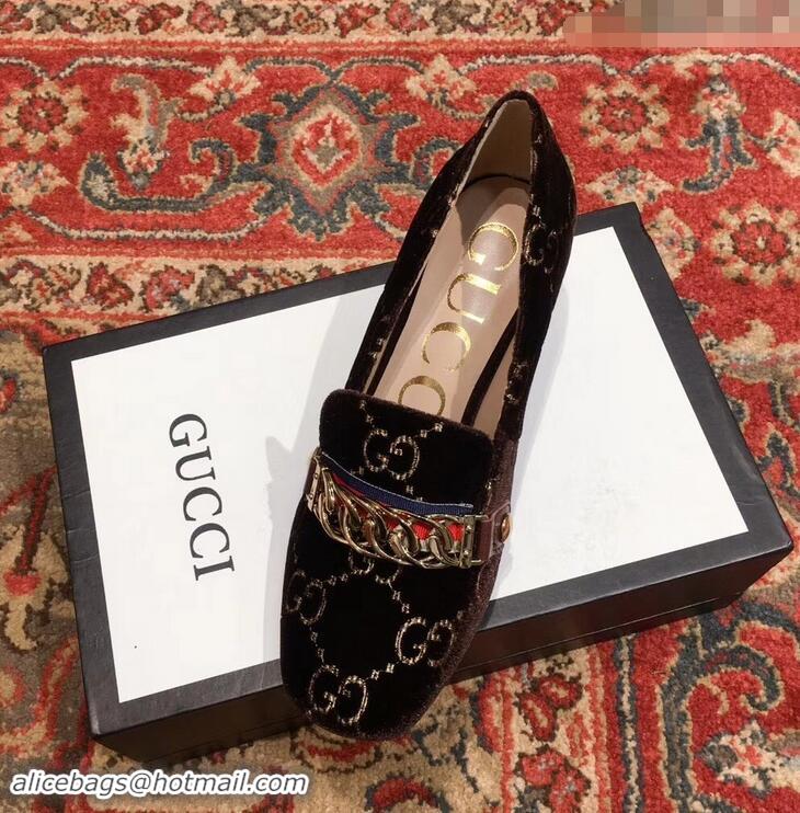 Best Price Gucci Sylvie Chain GG Velvet Mid-Heel Pumps 525082 Coffee