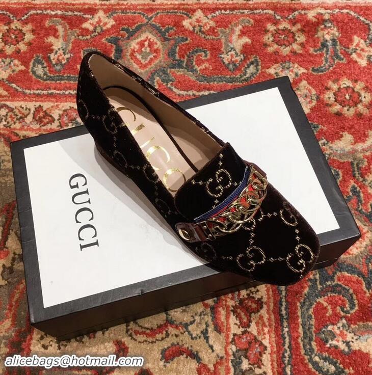 Best Price Gucci Sylvie Chain GG Velvet Mid-Heel Pumps 525082 Coffee