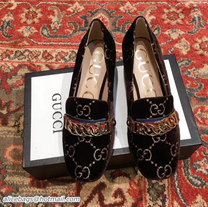 Best Price Gucci Sylvie Chain GG Velvet Mid-Heel Pumps 525082 Coffee