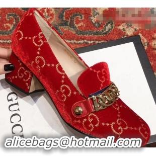 Fashion Gucci Sylvie Chain GG Velvet Mid-Heel Pumps 525082 Red