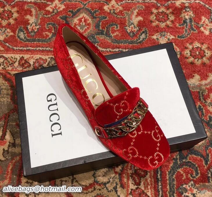 Fashion Gucci Sylvie Chain GG Velvet Mid-Heel Pumps 525082 Red