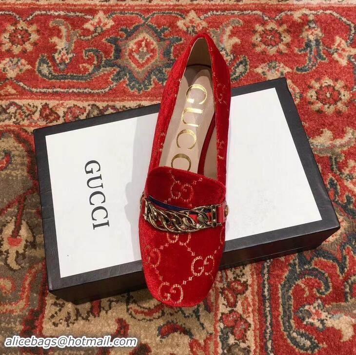 Fashion Gucci Sylvie Chain GG Velvet Mid-Heel Pumps 525082 Red