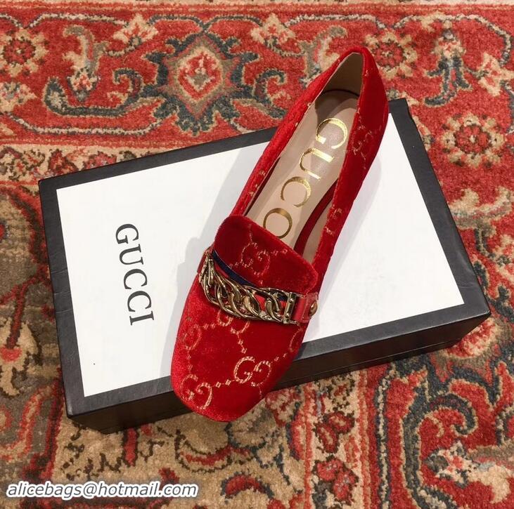 Fashion Gucci Sylvie Chain GG Velvet Mid-Heel Pumps 525082 Red