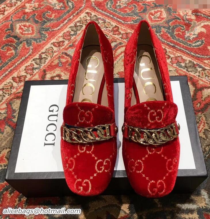 Fashion Gucci Sylvie Chain GG Velvet Mid-Heel Pumps 525082 Red