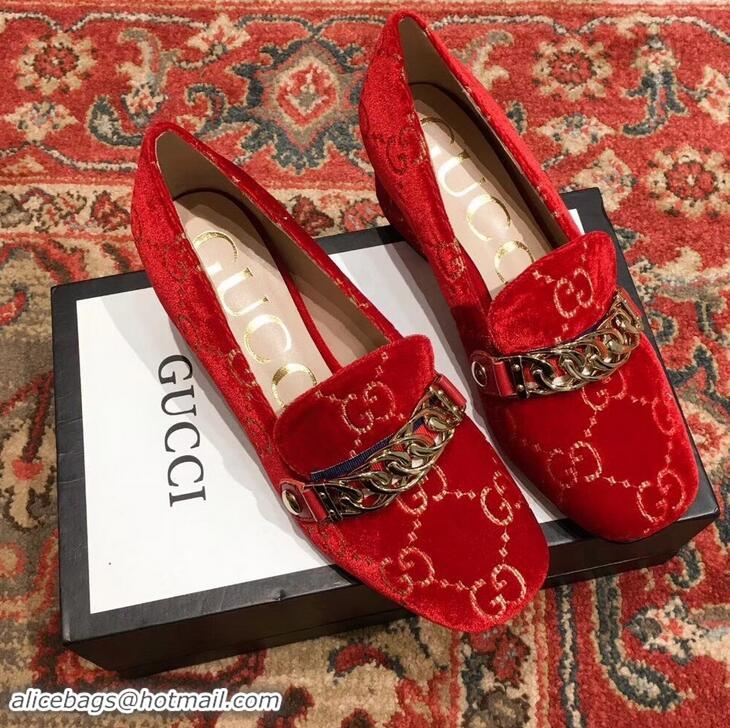 Fashion Gucci Sylvie Chain GG Velvet Mid-Heel Pumps 525082 Red