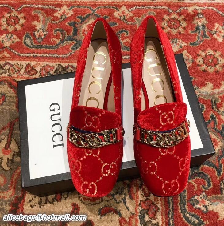 Fashion Gucci Sylvie Chain GG Velvet Mid-Heel Pumps 525082 Red