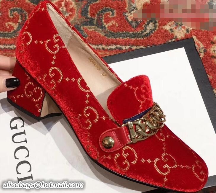 Fashion Gucci Sylvie Chain GG Velvet Mid-Heel Pumps 525082 Red