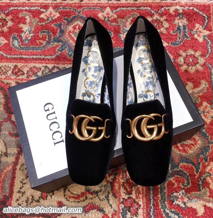 Luxury New Gucci Velvet Mid-Heel Pumps Black with Double G 526465