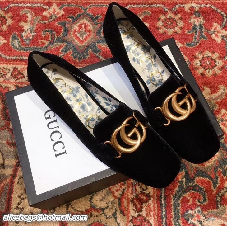 Luxury New Gucci Velvet Mid-Heel Pumps Black with Double G 526465