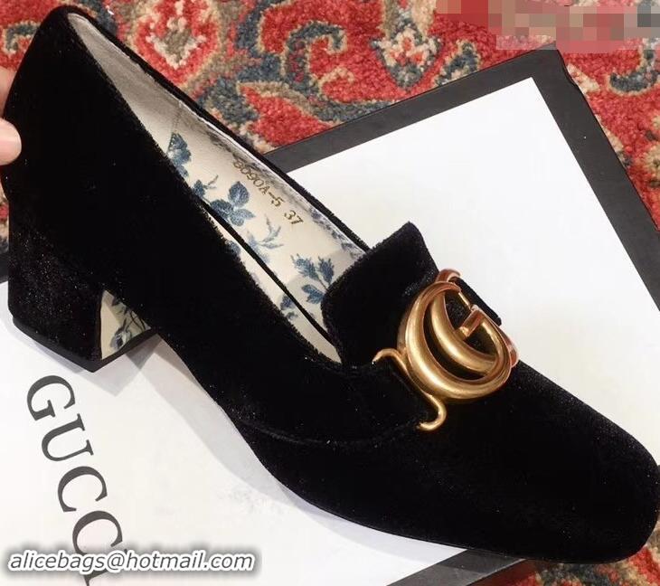 Luxury New Gucci Velvet Mid-Heel Pumps Black with Double G 526465