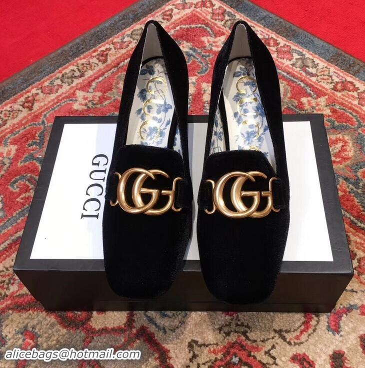 Luxury New Gucci Velvet Mid-Heel Pumps Black with Double G 526465