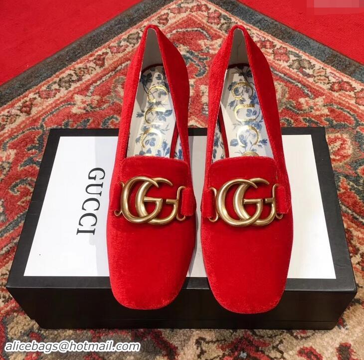 Cheapest Gucci Velvet Mid-Heel Pumps Red with Double G 526465