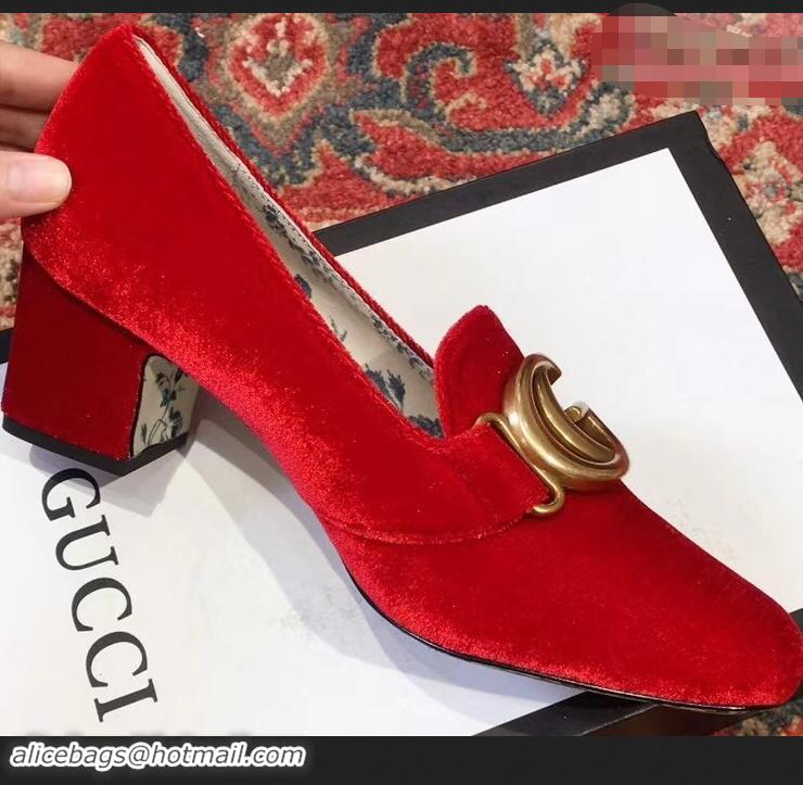 Cheapest Gucci Velvet Mid-Heel Pumps Red with Double G 526465