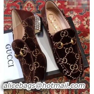 Classic Gucci Horsebit GG Velvet Loafers/Pumps with Crystals 522698 Coffee