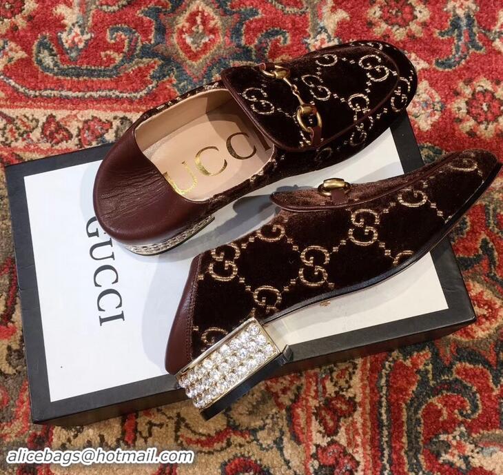 Classic Gucci Horsebit GG Velvet Loafers/Pumps with Crystals 522698 Coffee