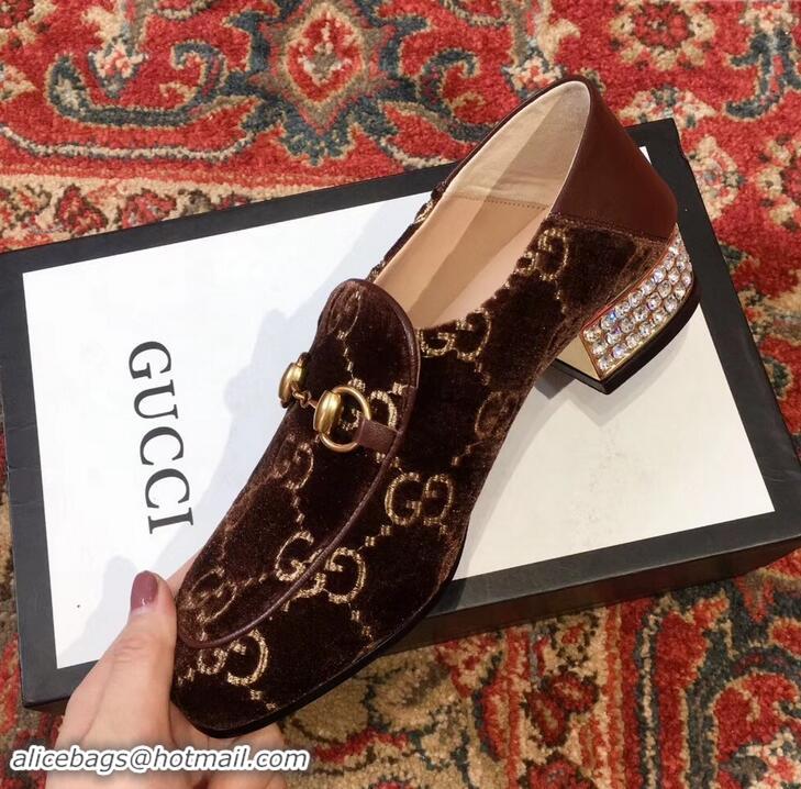 Classic Gucci Horsebit GG Velvet Loafers/Pumps with Crystals 522698 Coffee