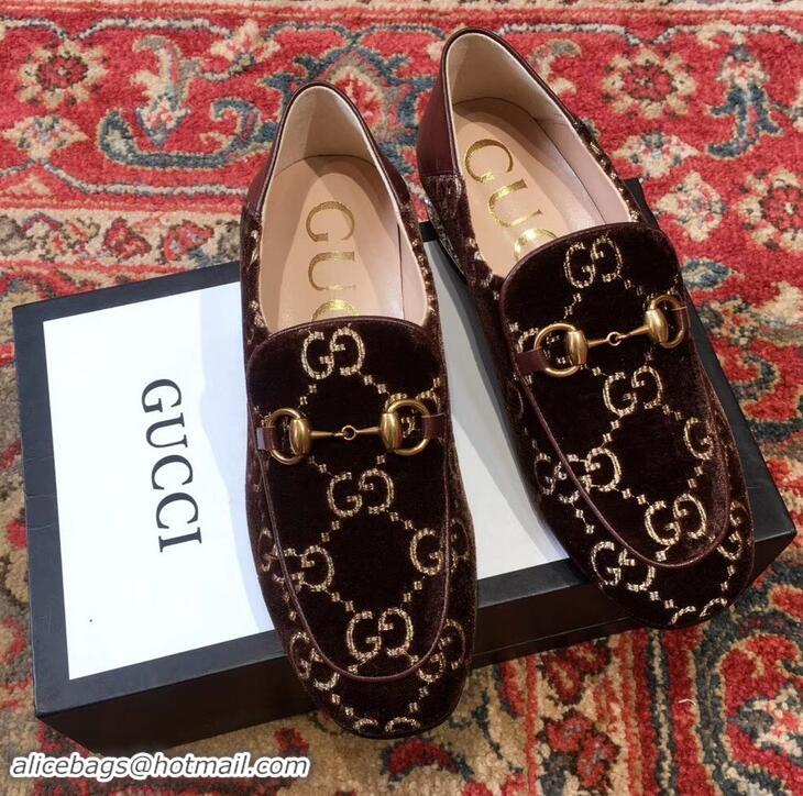 Classic Gucci Horsebit GG Velvet Loafers/Pumps with Crystals 522698 Coffee