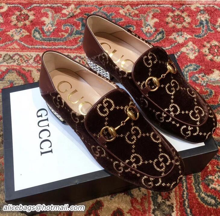 Classic Gucci Horsebit GG Velvet Loafers/Pumps with Crystals 522698 Coffee