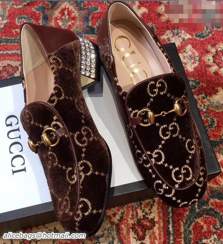 Classic Gucci Horsebit GG Velvet Loafers/Pumps with Crystals 522698 Coffee