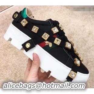 New Cheap Gucci Web Bee Ace Platform 4cm Sneakers GG11901 Black with Removable Crystals 2019