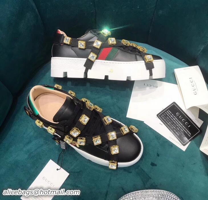 New Cheap Gucci Web Bee Ace Platform 4cm Sneakers GG11901 Black with Removable Crystals 2019