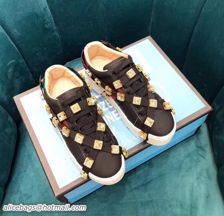 New Cheap Gucci Web Bee Ace Platform 4cm Sneakers GG11901 Black with Removable Crystals 2019