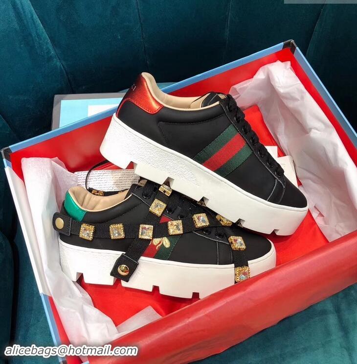 New Cheap Gucci Web Bee Ace Platform 4cm Sneakers GG11901 Black with Removable Crystals 2019