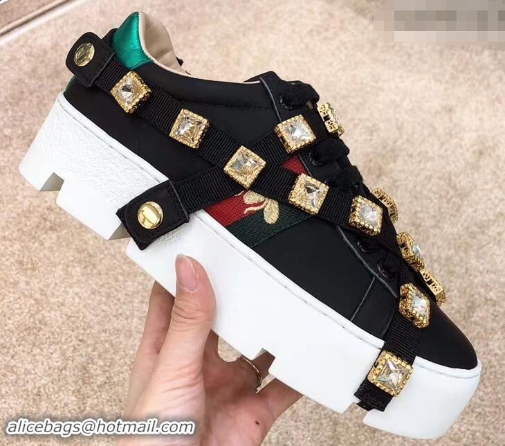 New Cheap Gucci Web Bee Ace Platform 4cm Sneakers GG11901 Black with Removable Crystals 2019