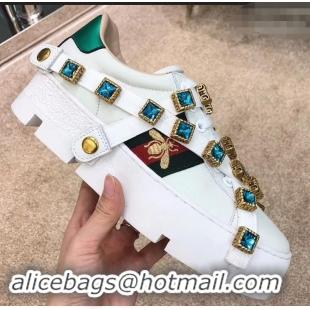 Faux Gucci Web Bee Ace Platform 4cm Sneakers GG11902 White with Removable Crystals 2019