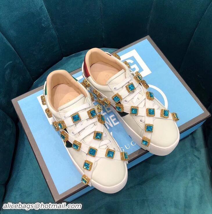 Faux Gucci Web Bee Ace Platform 4cm Sneakers GG11902 White with Removable Crystals 2019