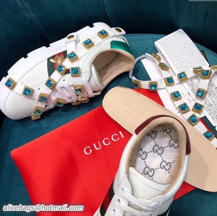 Faux Gucci Web Bee Ace Platform 4cm Sneakers GG11902 White with Removable Crystals 2019