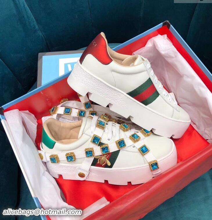 Faux Gucci Web Bee Ace Platform 4cm Sneakers GG11902 White with Removable Crystals 2019