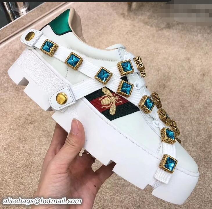 Faux Gucci Web Bee Ace Platform 4cm Sneakers GG11902 White with Removable Crystals 2019