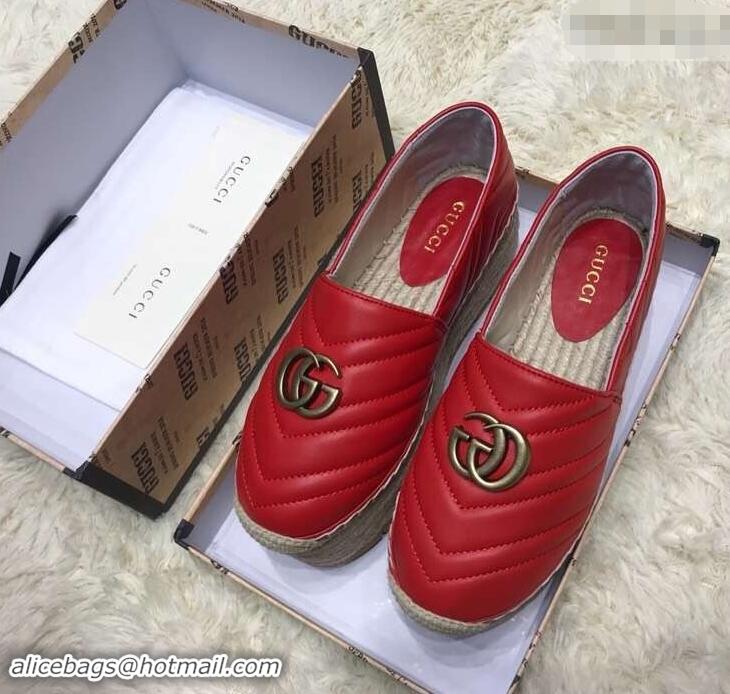 Grade Gucci Leather Platform Espadrilles G12402 Red With Double G 2019