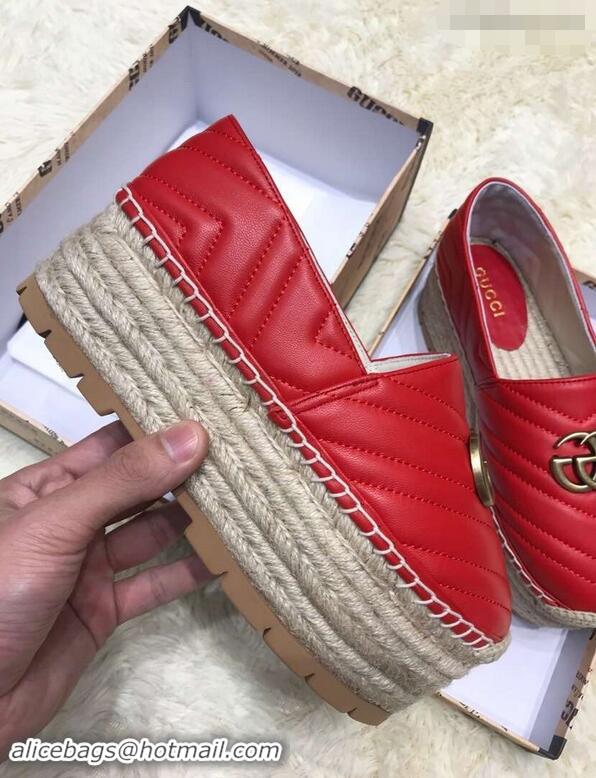 Grade Gucci Leather Platform Espadrilles G12402 Red With Double G 2019