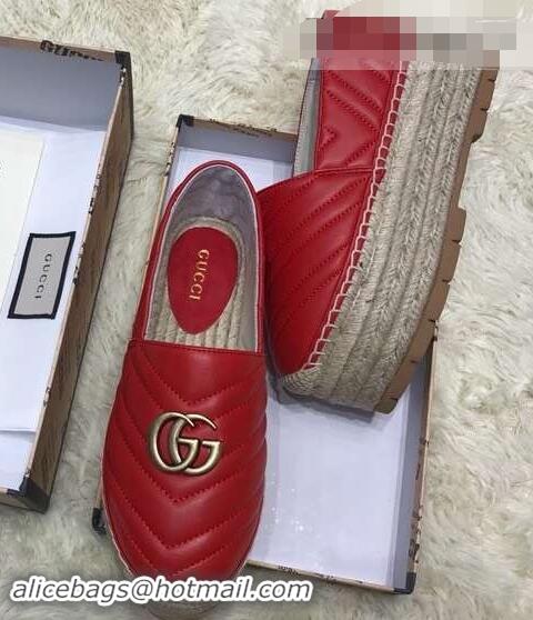 Grade Gucci Leather Platform Espadrilles G12402 Red With Double G 2019