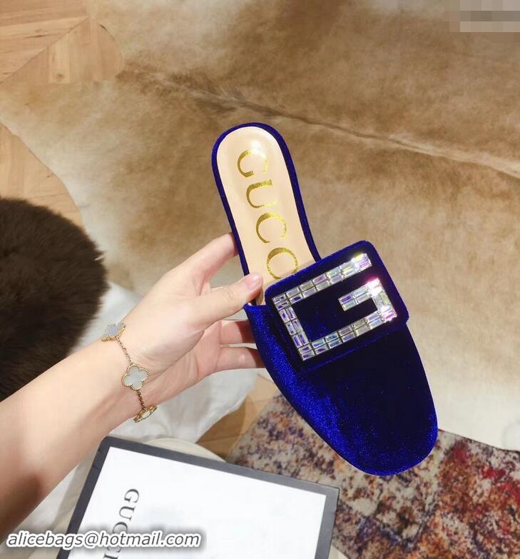 Crafted Discount Gucci Crystal G Slipper G21801 Velvet Blue 2019