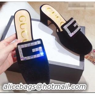 Expensive Gucci Heel 6cm Crystal G Slipper Mules G21804 Velvet Black 2019