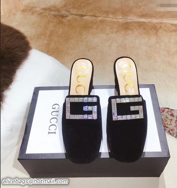 Expensive Gucci Heel 6cm Crystal G Slipper Mules G21804 Velvet Black 2019